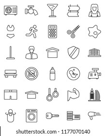 thin line vector icon set - mop vector, water tap, splotch, cleaner woman, apron, grater, school building, manager, muscule hand, shorts, swimsuite, bottle, no fastfood, gymnast rings, run, glass