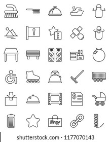 thin line vector icon set - fetlock vector, rake, kettle, apron, dish, annual report, fitball, roller Skates, attention, satellite, ship, truck trailer, package, film frame, link, battery, disabled