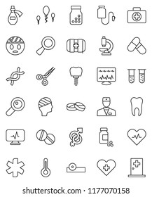 thin line vector icon set - pills vial vector, first aid kit, ambulance star, heart pulse, cross, doctor, thermometer, gender sign, dna, magnifier, scissors, bottle, eye hat, microscope, potion