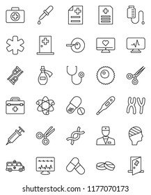 thin line vector icon set - atom vector, pills, heart monitor, first aid kit, doctor bag, ambulance star, thermometer, dna, insemination, syringe, dropper, crutches, scissors, stethoscope, anamnesis