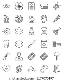 thin line vector icon set - school building vector, ambulance star, heart pulse, doctor, flask, eye, gender sign, dna, pregnancy, insemination, syringe, scissors, scalpel, broken bone, sand clock