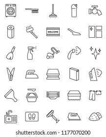thin line vector icon set - scraper vector, broom, vacuum cleaner, fetlock, mop, scoop, clothespin, sponge, water tap, shining, window cleaning, welcome mat, iron, steaming, drying clothes, washer