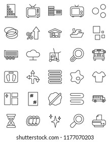 thin line vector icon set - cleaner trolley vector, towel, shining, window cleaning, splotch, plates, school building, bus, percent growth, sand clock, scales, t shirt, hoop, route, ship, tv, share