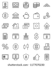 thin line vector icon set - bank vector, japanese candle, credit card, wallet, piggy, investment, dollar growth, coin stack, building, medal, shield, safe, calendar, monitor, any currency, sign