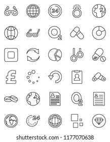 thin line vector icon set - glasses vector, world, personal information, pie graph, pound, pills, gymnast rings, oxygen, earth, stop button, refresh, undo, loading, globe, 24 hour, diamond ring