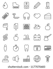 thin line vector icon set - water drop vector, tap, turk coffee, mixer, cake, pencil, backpack, apple fruit, schedule, man, dollar calendar, stopwatch, roller Skates, pool, ship, big scales, barcode