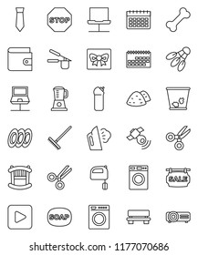 thin line vector icon set - soap vector, rake, trash bin, steaming, washer, cleaning agent, garbage pile, cook press, mixer, plates, scissors, wallet, tie, calendar, shuttlecock, bone, satellitie