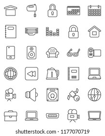 thin line vector icon set - plates vector, kettle, mixer, copybook, glasses, notebook pc, world, case, calendar, satellite, dry cargo, speaker, equalizer, video camera, internet, mobile phone, hdmi