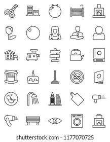 thin line vector icon set - mop vector, shower, cleaner woman, kettle, cutting board, cake, scissors, no fastfood, signpost, client, tulip, eye, pregnancy, bench, user, cottage, apartments