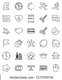 thin line vector icon set - towel vector, splotch, plates, magnet, scissors, molecule, flag, leaf, clock, pound, run, earth, dry cargo, dialog, heart, cross, home, loading, mailbox, mountain, rooms
