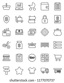 thin line vector icon set - cart vector, laptop graph, wallet, target, office, barcode, credit card, cash, star, money bag, new, receipt, basket, shopping list, calculator, trolley, delivery, mail
