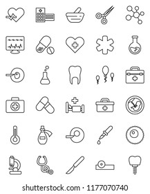 thin line vector icon set - flask vector, pills, molecule, first aid kit, doctor bag, ambulance star, heart pulse, cross, thermometer, pregnancy, insemination, dropper, scissors, scalpel, mortar