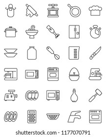thin line vector icon set - water tap vector, plates, sink, pan, oil, colander, measuring cup, cook hat, apron, timer, press, whisk, knife, rolling pin, meat hammer, grater, microwave oven, blender