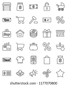 thin line vector icon set - receipt vector, gift, dollar coin, wallet, cash, money bag, open, closed, shopping, percent, market, store, buy, basket, cart, home, auction, mail, loudspeaker, unlock