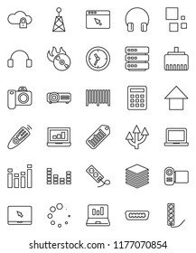 thin line vector icon set - notebook pc vector, laptop graph, arrow up, clock, barcode, music hit, antenna, equalizer, remote control, headphones, hdmi, cloud lock, big data, browser, lan connector