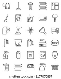 thin line vector icon set - soap vector, plunger, scraper, cleaner trolley, broom, fetlock, mop, sponge, towel, trash bin, window cleaning, drying clothes, washer, liquid, toilet paper, shower, bath