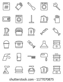 thin line vector icon set - plunger vector, water tap, vacuum cleaner, fetlock, mop, bucket, sponge, washing powder, rubber glove, kettle, spatula, double boiler, blender, fridge, washer, dishwasher