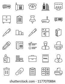 thin line vector icon set - trash bin vector, shining window, pencil, student, pen, archive, exam, manager, case, binder, clipboard, sorting, classic phone, thumbtack, diagnostic monitor, router