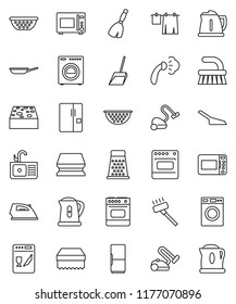 thin line vector icon set - broom vector, vacuum cleaner, fetlock, scoop, sponge, iron, steaming, drying clothes, washer, sink, pan, kettle, colander, grater, microwave oven, fridge, dishwasher