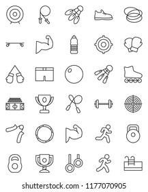 thin line vector icon set - award cup vector, target, barbell, stadium, weight, jump rope, hand trainer, fitball, muscule, snickers, boxing glove, shorts, roller Skates, skateboard, water bottle
