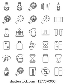 thin line vector icon set - window cleaning vector, shining, measuring cup, hand mill, spices, jug, jar, oil, flask, no alcohol sign, glass, vial, magnifier, sand clock, potion, cloud, search estate
