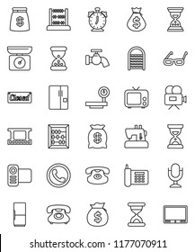 thin line vector icon set - water tap vector, washboard, glasses, alarm clock, abacus, money bag, sand, phone, big scales, film frame, tv, video camera, microphone, classic, fridge, closed, kitchen