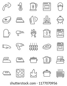 thin line vector icon set - iron vector, steaming, pan, camping cauldron, kettle, cook glove, oven, thermometer, bbq, steak, flammable, fireplace, heating, coffee maker, hair dryer, heater