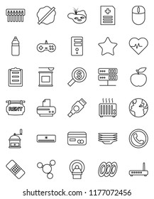 thin line vector icon set - splotch vector, plates, hand mill, molecule, money search, diet, heart pulse, sports nutrition, water bottle, earth, clipboard, favorites, hdmi, patch, anamnesis, hub