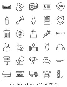 thin line vector icon set - sponge vector, trash bin, water tap, garbage pile, pan, towel, meat hammer, clipboard, coin stack, receipt, dollar medal, swimsuite, bottle, phone 24, support, microphone