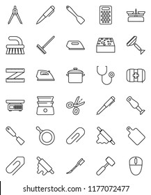 thin line vector icon set - scraper vector, fetlock, rake, sponge, car, iron, pan, spatula, rolling pin, meat hammer, cutting board, grater, double boiler, blender, drawing compass, pen, measuring