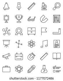 thin line vector icon set - book vector, pen, pencil, corner ruler, glasses, case, backpack, atom, telescope, microscope, bell, award cup, medal, magnet, abacus, presentation, music, archive, flag