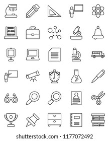 thin line vector icon set - copybook vector, pencil, blackboard, corner ruler, glasses, case, atom, pen, telescope, microscope, bell, table lamp, notebook pc, alarm clock, paper pin, award cup, exam