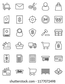 thin line vector icon set - cart vector, receipt, gift, credit card, money bag, sale, 24 hour, shopping, market, customer, support, target, barcode, reader, cashbox, basket, calculator, auction