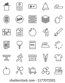 thin line vector icon set - clothespin vector, iron, pasta, book, pen, bell, diet, jump rope, fitball, t shirt, run, stadium, satellite, consolidated cargo, speaker, eye doctor hat, blood drop, sale