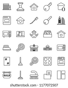 thin line vector icon set - plunger vector, fetlock, mop, sponge, car, window cleaning, shining, house hold, microwave oven, university, school building, estate document, sale signboard, apartments