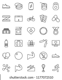 thin line vector icon set - measuring vector, scales, stadium, bike, weight, hand trainer, punching bag, fitball, muscule, snickers, boxing glove, shorts, medal, pills, sports nutrition, molecule