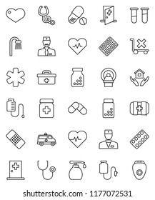 thin line vector icon set - liquid soap vector, house hold, heart pulse, pills vial, first aid kit, no trolley, doctor bag, ambulance star, patch, stethoscope, bottle, blister, amkbulance car, bath