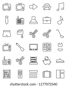 thin line vector icon set - spatula vector, ladle, mixer, scissors, abacus, music, piggy bank, case, tie, snickers, shorts, swimsuite, tv, menu, arrow, cushioned furniture, calculator, hood, radio