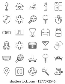 thin line vector icon set - vacuum cleaner vector, cleaning agent, plates, shining window, woman, cook timer, backpack, punching bag, calendar, glass, protected, cargo search, internet, pause button