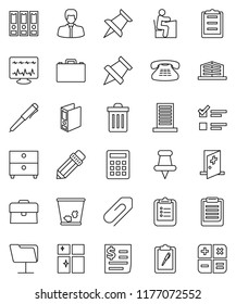 thin line vector icon set - trash bin vector, shining window, pencil, student, case, pen, clipboard, paper pin, archive, exam, manager, binder, receipt, classic phone, thumbtack, diagnostic monitor