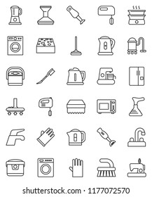 thin line vector icon set - plunger vector, water tap, vacuum cleaner, fetlock, mop, sponge, car, rubber glove, kettle, microwave oven, blender, fridge, washer, mixer, coffee maker, multi cooker