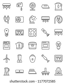 thin line vector icon set - vacuum cleaner vector, oven, blender, table lamp, tv, rca, windmill, air conditioner, ari condition, power plug, iron, mixer, multi cooker, epilator, fan, kettle, bulb
