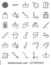 thin line vector icon set - broom vector, water tap, bucket, toilet brush, pan, kettle, cook press, whisk, spatula, ladle, grater, sieve, hand trainer, scalpel, supply, shopping bag, basket