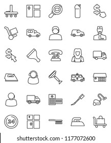 thin line vector icon set - scraper vector, vacuum cleaner, fetlock, car, window cleaning, iron, agent, shining, woman, dollar cursor, phone 24, support, delivery, cargo search, hospital building