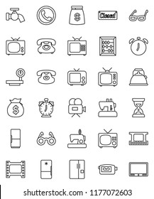 thin line vector icon set - water tap vector, kettle, glasses, alarm clock, abacus, money bag, sand, phone, big scales, film frame, tv, video camera, classic, fridge, closed, sewing machine