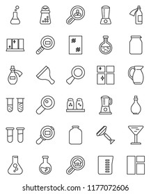 thin line vector icon set - scraper vector, window cleaning, shining, oil, measuring cup, hand mill, spices, jug, jar, flask, glass, cargo search, vial, magnifier, potion, estate, client, blender