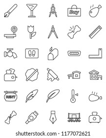 thin line vector icon set - water tap vector, splotch, welcome mat, rolling pin, thermometer, chicken leg, pen, corner ruler, drawing compass, Railway carriage, glass, tulip, big scales, hdmi, buy