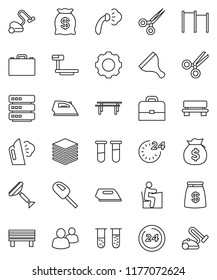 thin line vector icon set - scraper vector, vacuum cleaner, iron, steaming, student, case, money bag, horizontal bar, big scales, group, vial, scissors, data, gear, bench, 24 hour