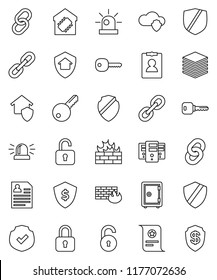 thin line vector icon set - certificate vector, personal information, dollar shield, safe, protected, link, cloud, big data, server, firewall, chain, unlock, key, siren, smart home, protect, lock