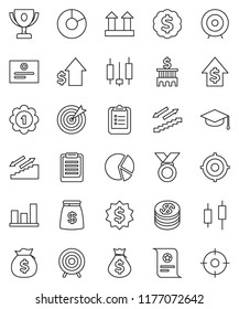 thin line vector icon set - graduate hat vector, clipboard, award cup, certificate, graph, pie, japanese candle, money bag, dollar growth, bank building, target, medal, stairways run, top sign, coin